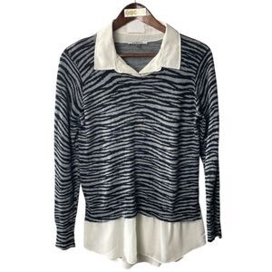 DKNY black grey white hem collared sweater  M